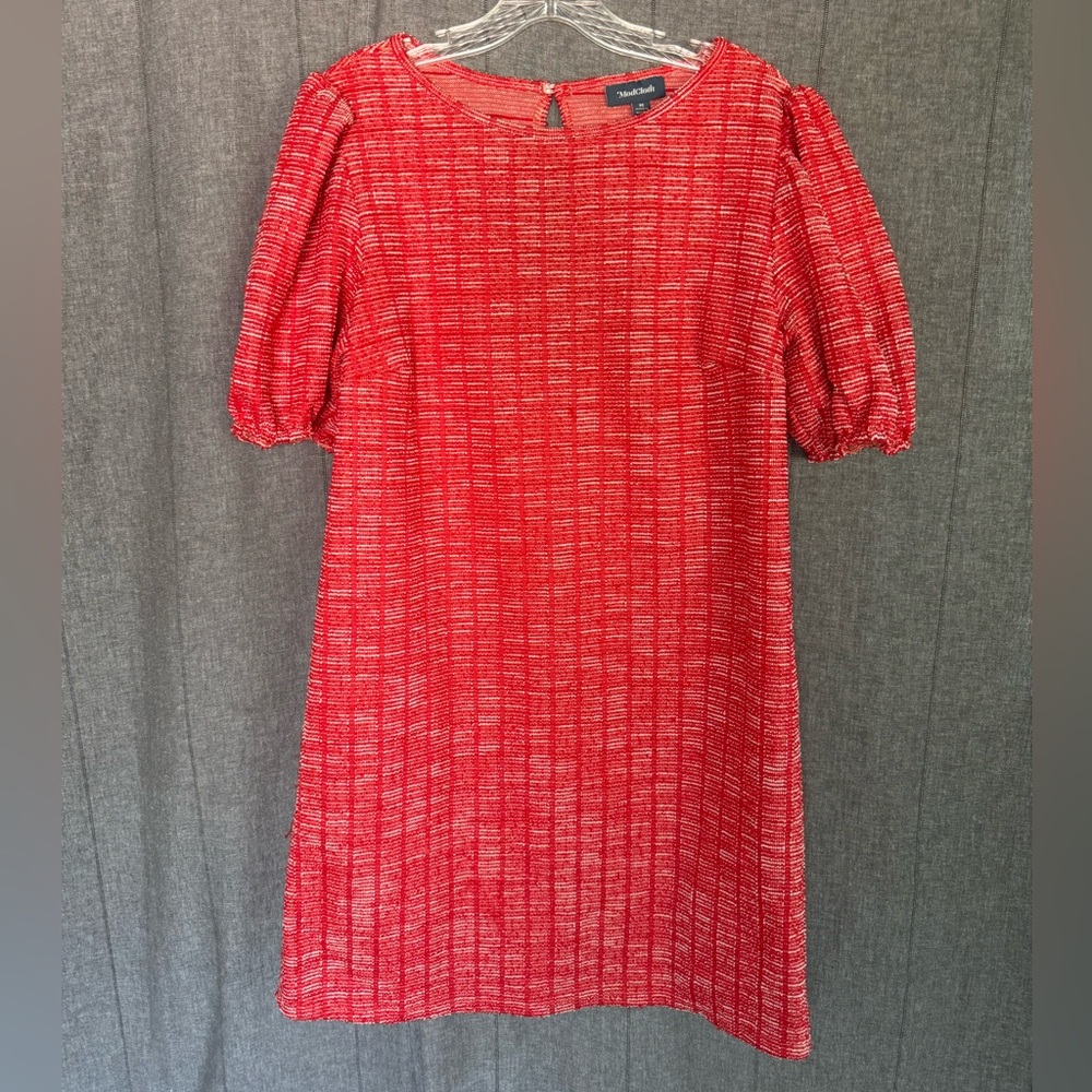 ModCloth Red White Metallic Shift Dress Textured Loose Puff Sleeves Medium Women